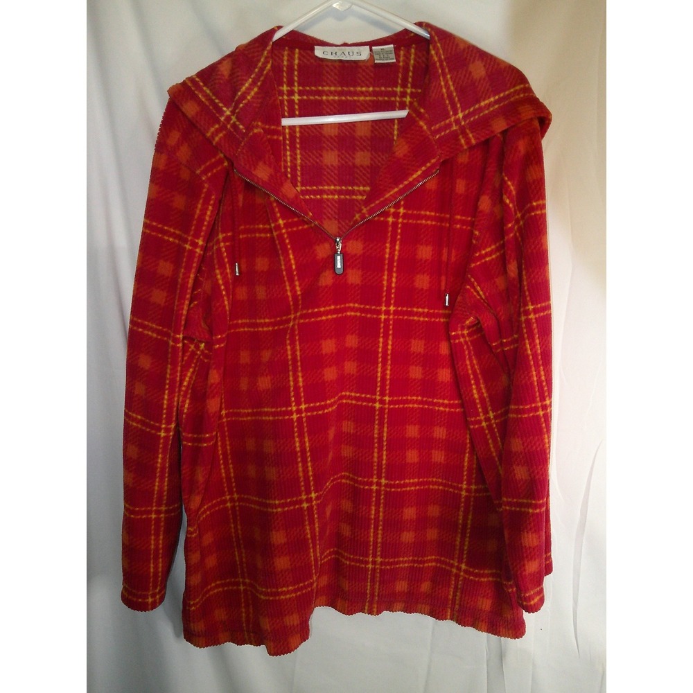 Vintage Chaus Sport Red‎ Plaid Fleece Quarter Zip Pullover Top Women's XL